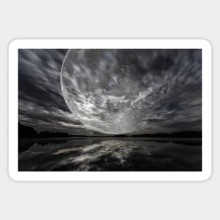 Mystery landscape, big full moon over dark lake Sticker